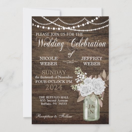 Invitation Rustique Grange Mariage Bois Mason Jar Floral (Devant)