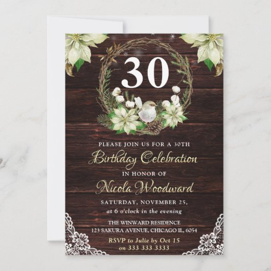 Invitation Rustique hiver blanc Robin & Holly Wreath Annivers (Devant)