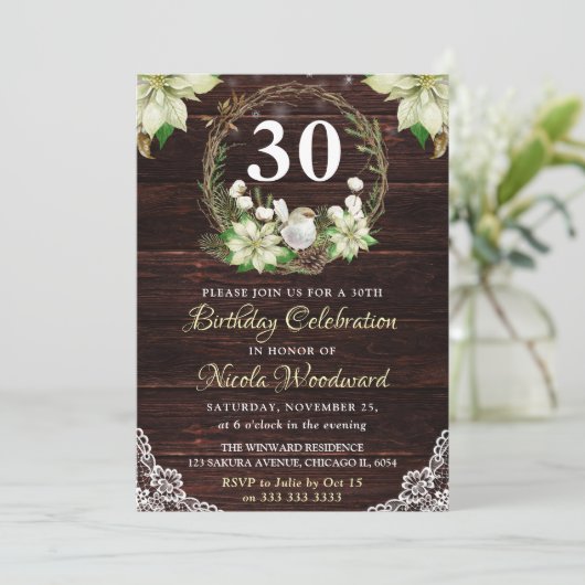 Invitation Rustique hiver blanc Robin & Holly Wreath Annivers (Debout devant)