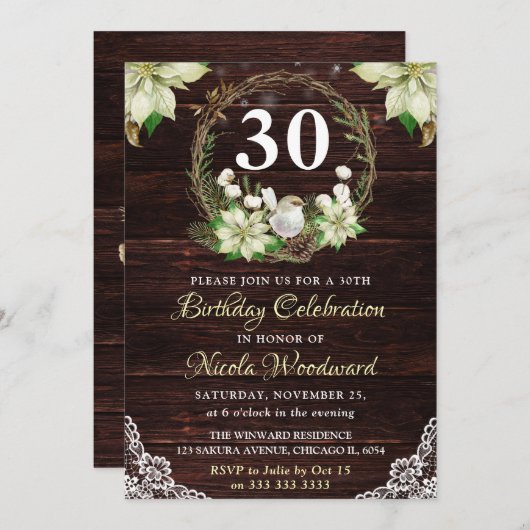 Invitation Rustique hiver blanc Robin & Holly Wreath Annivers (Devant / Derrière)