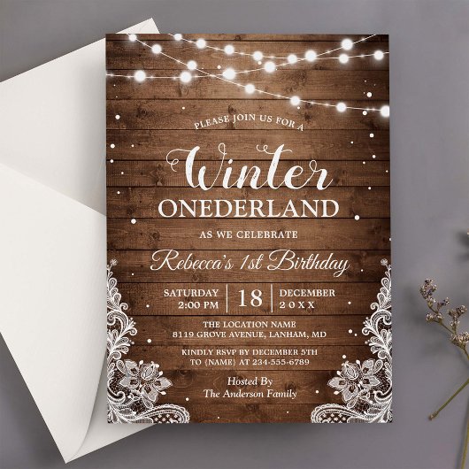 Invitation Rustique hiver ONE derland dentelle bébé premier a