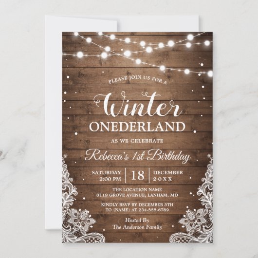 Invitation Rustique hiver ONE derland dentelle bébé premier a (Devant)