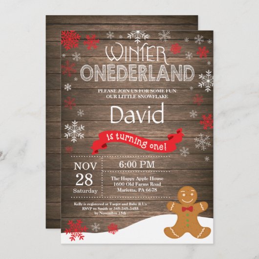 Invitation Rustique hiver Onederland 1er anniversaire Invitat (Devant / Derrière)