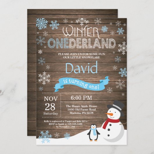 Invitation Rustique hiver Onederland 1er anniversaire Invitat (Devant / Derrière)