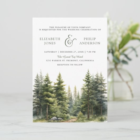 Invitation Rustique Hiver Pine Trees Forêt QR Code Mariage (Debout devant)