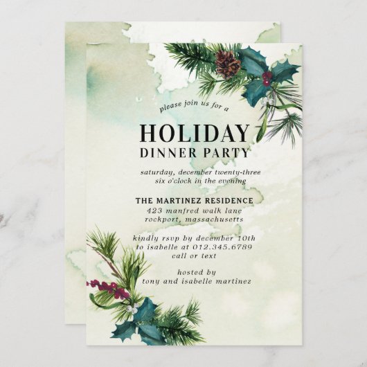 Invitation Rustique Holly Aquarelle Soirée (Devant / Derrière)