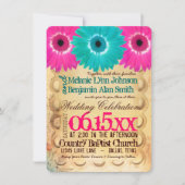 Invitation Rustique Hot rose Turquoise Daisies Mariage Invita (Devant)
