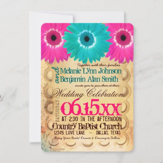 Invitation Rustique Hot rose Turquoise Daisies Mariage Invita (Devant)