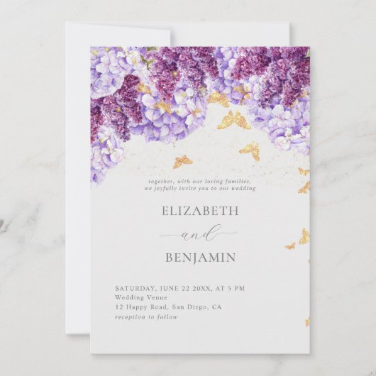 Invitation Rustique Hydrangea Lilac Papillons Mariage élégant (Devant)