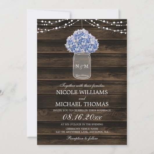 Invitation Rustique Hydrangea Mason Jar Barn Mariage en bois (Devant)
