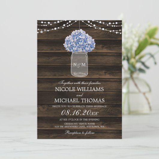 Invitation Rustique Hydrangea Mason Jar Barn Mariage en bois (Debout devant)