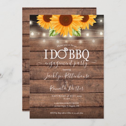 Invitation Rustique I Do BBQ Sunflower String Fiançailles (Devant / Derrière)