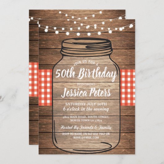 Invitation Rustique Jar fête d'anniversaire Wood Red En vichy (Devant / Derrière)