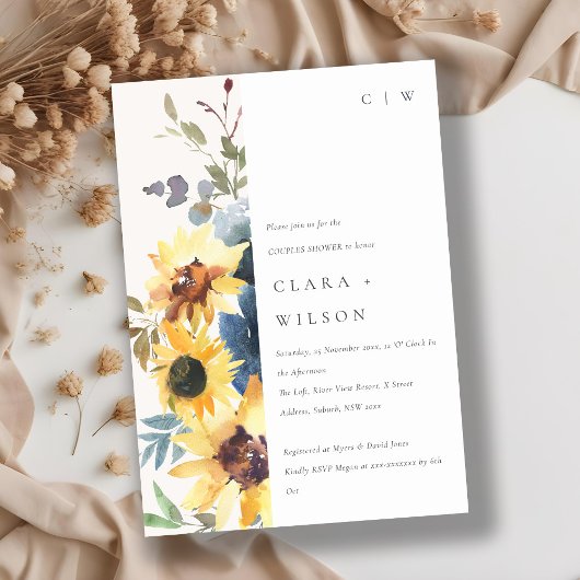 Invitation Rustique Jaune Marine Tournesol Floral Couples Dou