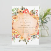 Invitation Rustique Jaune Orange & Pêche Rose Mariage (Debout devant)