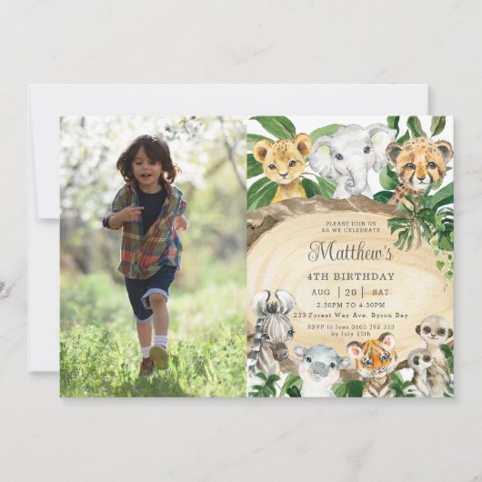 Invitation Rustique Jungle Animaux Bois Verdure Photo Anniver (Devant)