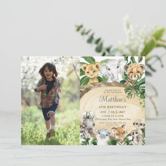Invitation Rustique Jungle Animaux Bois Verdure Photo Anniver (Debout devant)
