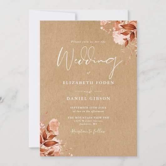 Invitation Rustique Kraft Automne Automne Floral QR Code Mari (Devant)