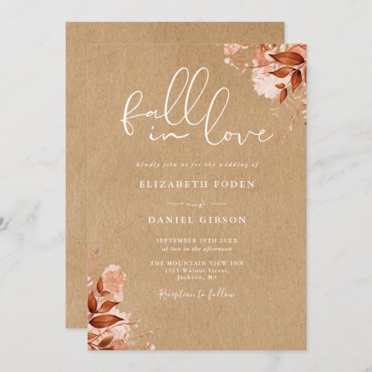 Invitation Rustique Kraft Automne Automne Floral QR Code Mari (Devant / Derrière)