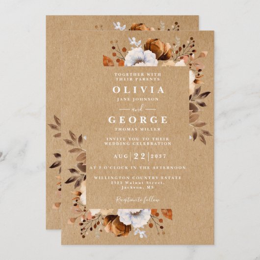 Invitation Rustique Kraft Automne Floral QR Code Mariage (Devant / Derrière)