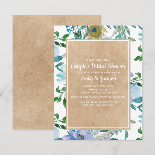 Invitation Rustique Kraft Blue Floral Couple de couleur bleue (Devant / Derrière)