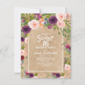 Invitation Rustique Kraft Boho Plum Blush Floral Sweet 16 (Devant)