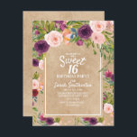 Invitation Rustique Kraft Boho Plum Blush Floral Sweet 16<br><div class="desc">Belle prune violet et rose vif botanique botanique couleur aquarelle fleurie sur papier kraft brun rustique Sweet 16 anniversaire invitation fête.</div>