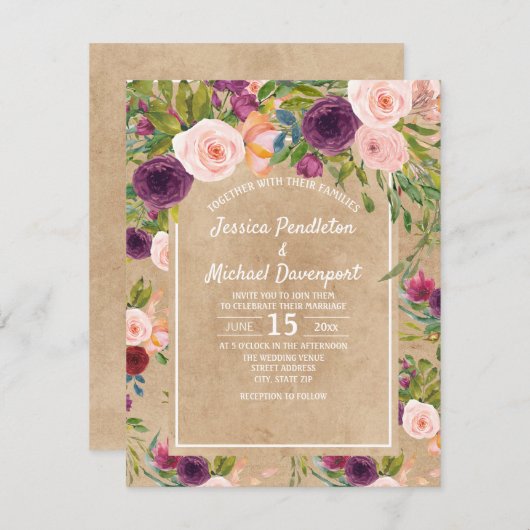 Invitation Rustique Kraft Boho Plum Blush Floral Wedding Invi (Devant / Derrière)