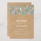 Invitation Rustique Kraft Cute Blue Raindrops Baby shower gar (Devant / Derrière)