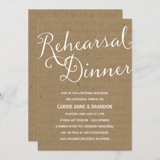 Invitation Rustique Kraft | Dîner de répétition de calligraph (Devant / Derrière)