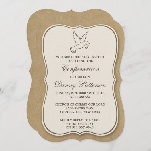 Invitation Rustique Kraft Dove Sainte Communion Ou Confirmati (Devant / Derrière)