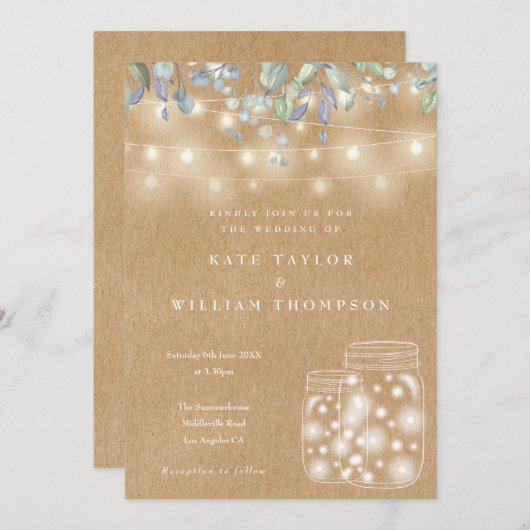 Invitation Rustique Kraft Éclairage de chaîne Mason Jar Maria (Devant / Derrière)