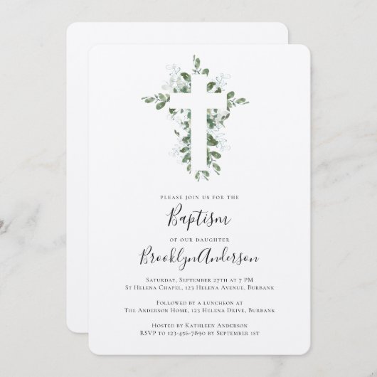 Invitation Rustique Kraft Eucalyptus Cross Baptism (Devant / Derrière)