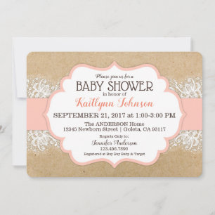 Invitation Rustique Kraft moderne dentelle Coral Baby shower 