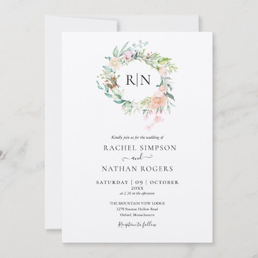 Invitation Rustique Kraft Monogram Rose Floral Mariage (Devant)
