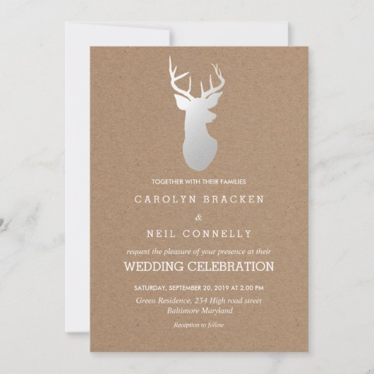 Invitation Rustique Kraft papier Mariage Antler argent (Devant)