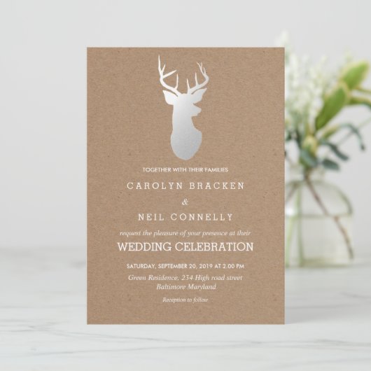 Invitation Rustique Kraft papier Mariage Antler argent (Debout devant)