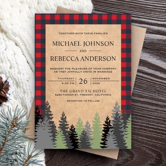 Invitation Rustique Kraft Red Buffalo Plaid Mariage À feuilla