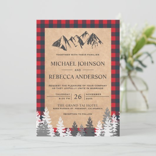 Invitation Rustique Kraft Red Buffalo Plaid Mountain Mariage (Debout devant)