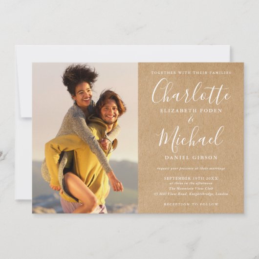 Invitation Rustique Kraft Script Mariage photo tout en un (Devant)