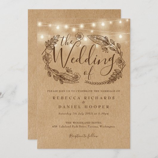 Invitation Rustique Kraft String éclaire le Mariage floral (Devant / Derrière)