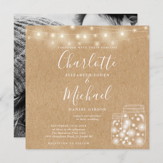 Invitation Rustique Kraft String Lumière Mason Jar Mariage Ph (Devant / Derrière)