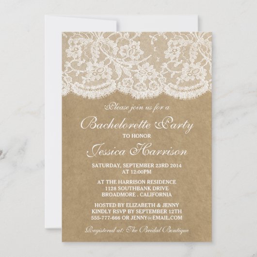Invitation Rustique Kraft Vintage dentelle blanche (Devant)
