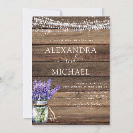 Invitation Rustique Lavender String Lights Jar Mariage (Devant)