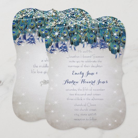 Invitation Rustique Luxe Pot Mason Navy Turquoise Paon (Devant / Derrière)