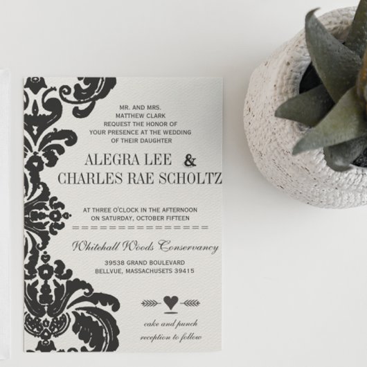 Invitation Rustique Luxe Vintage Black Mariage damassé Invita