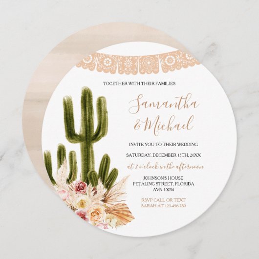 Invitation Rustique Mariage Cactus (Devant / Derrière)