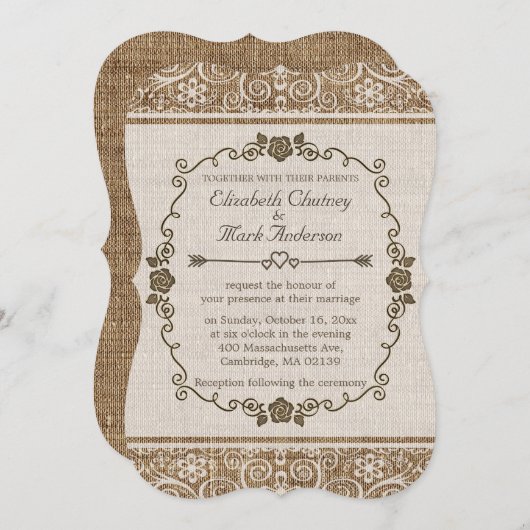 Invitation Rustique Mariage de dentelle Burlap (Devant / Derrière)