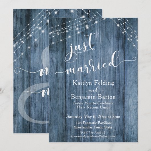 Invitation Rustique Mariage Réussi Bois Bleu & Lumières (Devant / Derrière)