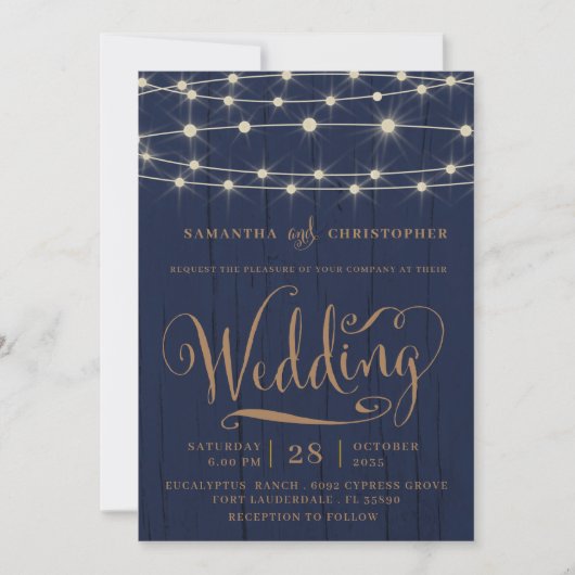 Invitation Rustique Marine Bleu Bois & String Mariage (Devant)